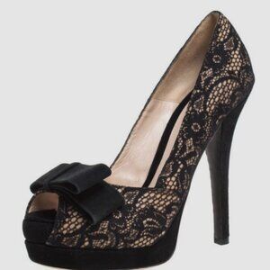 Fendi Lace Platform Peep Toe Bow Pumps Heels 38.5